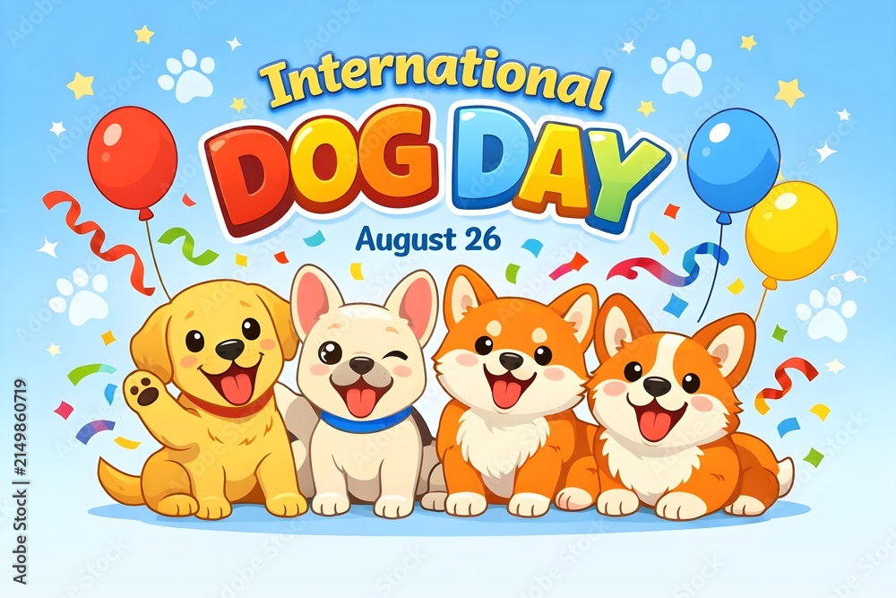 Fototapeta premium International Dog Day colorful cartoon poster featuring cheerful puppies, balloons, paw prints and festive decorations