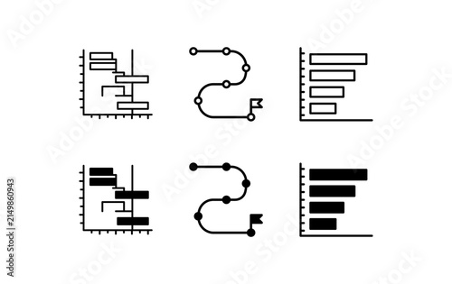 A professional vector icon set featuring various business charts timelines and data visualization elements for modern corporate and analytical design projects