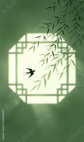 Minimal oriental atmospheric background, green misty window scene, octagonal moon gate light, willow and swallow silhouettes, serene elegant mood