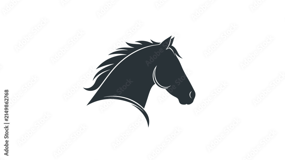 Fototapeta premium Striking black silhouette of a horse's head and neck, featuring a dynamic mane, isolated on a pure white background. Symbolizes power, freedom, and equestrian sport.