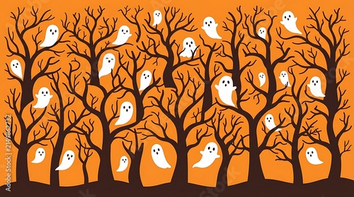 Spooky halloween forest background with cute white ghosts in trees