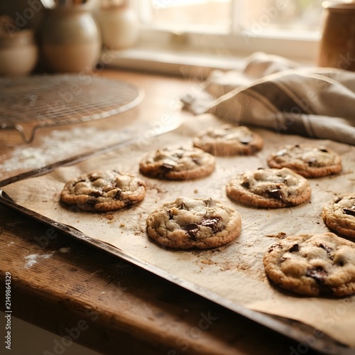 Freshly baked warm chocolate chip cookies on a baking sheet cooling in a rustic kitchen by a sunny window