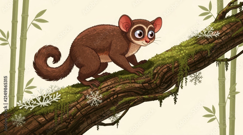 Fototapeta premium Cute cartoon lemur crawling on a mossy tree branch. Hand-drawn illustration featuring bamboo background and winter snowflakes. Whimsical wildlife character design, ideal for children's storytelling.