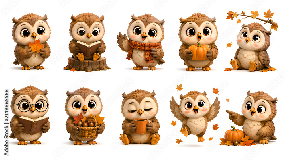 Obraz premium Cute Baby Owl Autumn Mascot Collection, 3D Cartoon Character Set with Cozy Fall Accessories on White Background