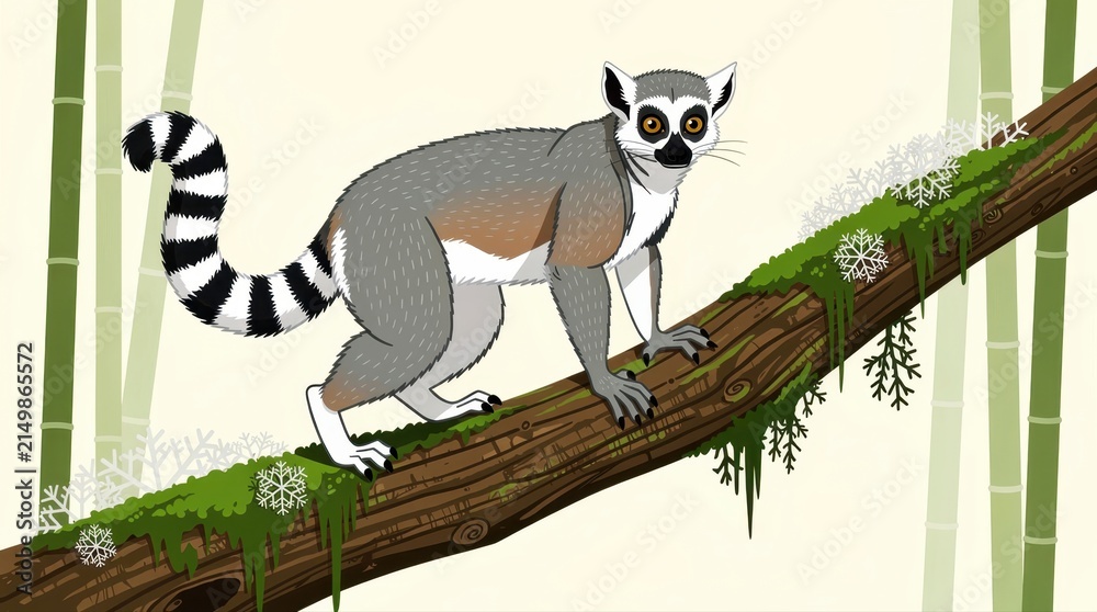 Fototapeta premium Ring-tailed lemur standing on a mossy branch in a snowy bamboo forest. Cute cartoon illustration of a lemur with a striped tail. Wildlife nature concept, ideal for children's educational content.