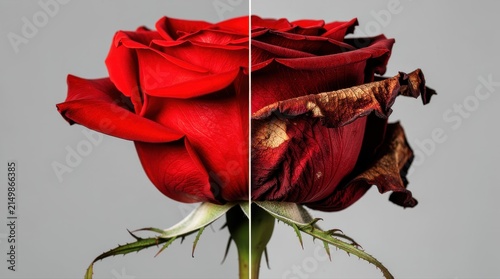 Fresh red rose contrasted with a withered dying rose. Macro split-screen shot showing the life cycle of a flower against a neutral grey background. Concepts of aging, time, and ephemeral beauty.