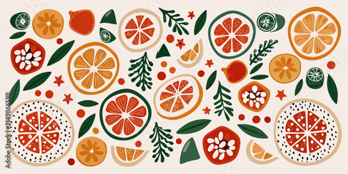 Citrus fruit pattern with cross sections and leaves vector illustration