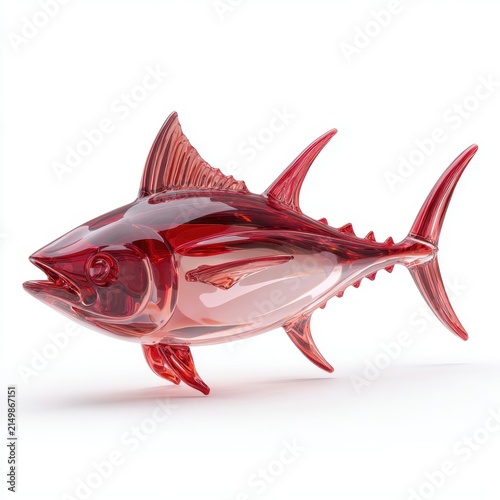 Red Crystal Tuna Fish Figurine Isolated On A White Background With Sharp Details And Glossy Texture
