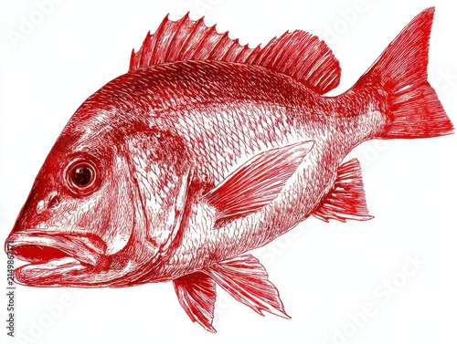 Red Engraved Illustration Of A Fish On A Plain White Background Featuring Intricate Detail