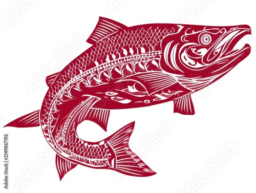 Red Graphic Illustration Of A Jumping Salmon Fish With Intricate Line Art Details