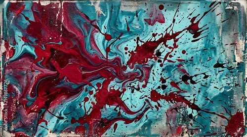 Vibrant Red Swirls and Splashes on Turquoise Abstract Background Design