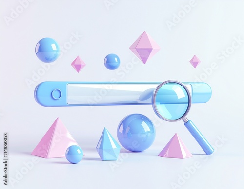 3D render of search bar with magnifying glass and geometric shapes in soft blue and pink tones