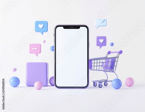 3D illustration of smartphone with shopping cart and social media icons on light pastel background