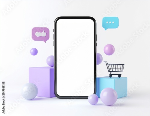 3D render of black smartphone with shopping cart, purple and blue geometric shapes, and speech bubbles on white background