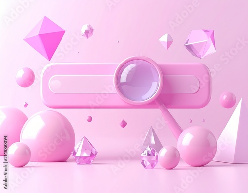 Pink 3D magnifying glass, search bar, and geometric shapes on pink backdrop