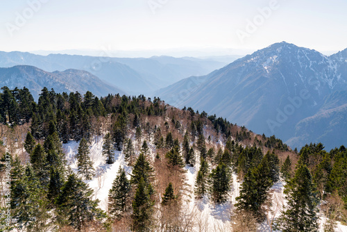 Panoramic view of Japan Alps pine forest trees on a snow mountain slope with mountain range background and clear blue sky.