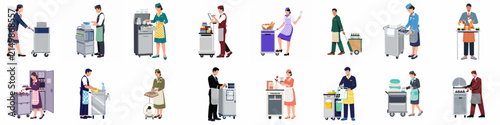 Set of diverse professional service staff characters with trolleys and cleaning carts, including janitors, hospital workers, and food service personnel in flat vector style.