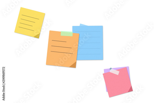 Colorful sticky notes with handwritten text reminders arranged on a flat surface for organization