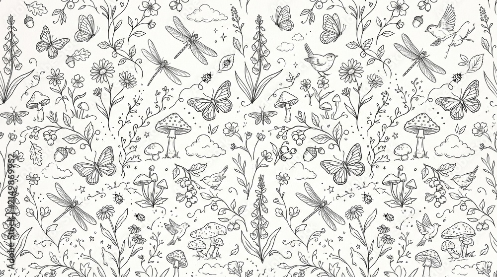 Fototapeta premium Butterflies and dragonflies flutter among the wildflowers in this detailed black and white line drawing.
