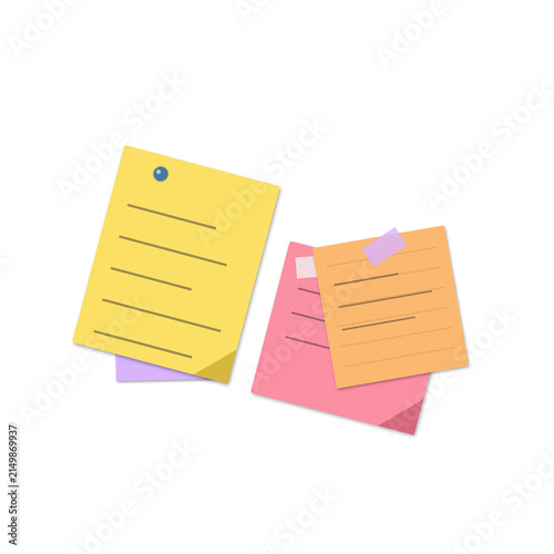 Fotografie Three colorful sticky notes with handwritten text and tape on a flat surface for