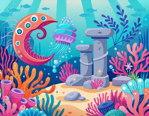 Vibrant Underwater Scene with Abstract Sea Creatures and Ancient Stone Ruins