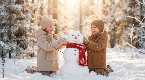 Two happy children building a cute snowman together in a beautiful sunlit winter forest during the holidays
