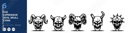 фотографія Skull Icons with Expressive Devil Faces in Black Line Art on White Background, F