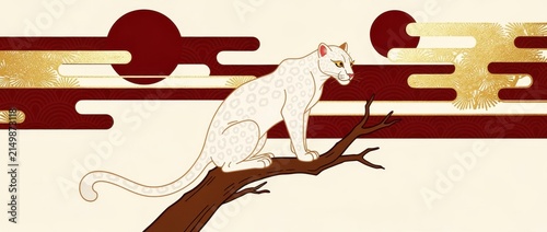 White leopard on branch with Japanese background. Graphic illustration featuring red suns and gold patterns in Asian art style. Elegant nature concept for cultural marketing and luxury decor.