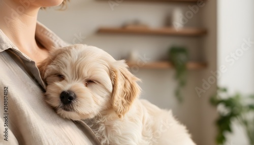 Adorable small puppy dog laying on owners chest sleeping comfortably at home for pet care adoption love and emotional support bond concept with warm cozy atmosphere