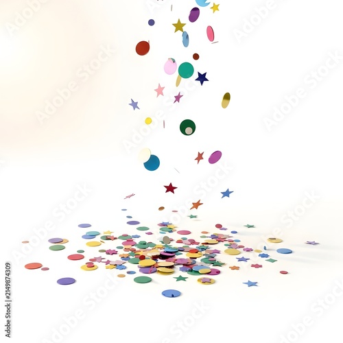 Confetti shapes drift slowly downward to form a festive pile on a bright white floor.