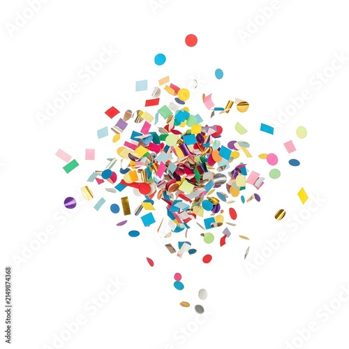 Confetti pieces scatter in a vibrant explosion of colorful shapes against a pure white background.