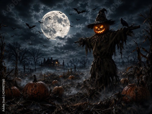 Spooky halloween scarecrow with a glowing jack-o-lantern head standing in a dark cornfield under a full moon with bats in the night sky