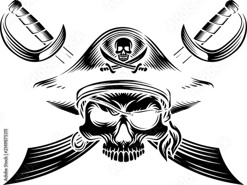 Konstfotografi Pirate skull crossbones wearing a tricorn captain hat, eyepatch with crossing sabers or scimitar cutlass pirate swords