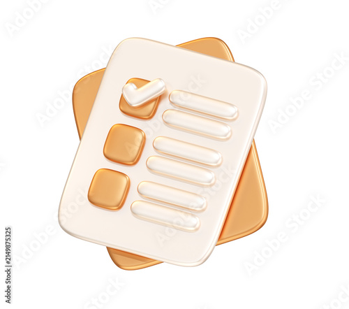 3D gold checklist document and checkmark for business management task plan list test and survey choice