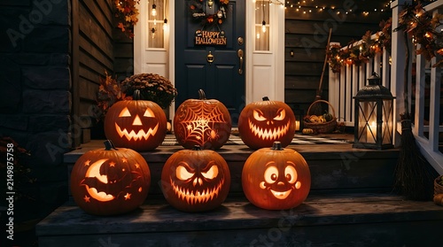 Six carved jackolanterns on porch steps for halloween