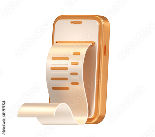 3D mobile phone smartphone receipt bill invoice payment online shopping ecommerce digital banking transaction gold