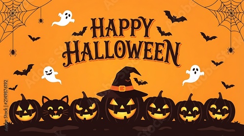 Happy halloween greeting card with pumpkins and ghosts