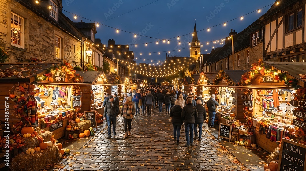 Obraz premium Magical christmas market street at night, festive european old town square, illuminated traditional wooden stalls, holiday season evening atmosphere