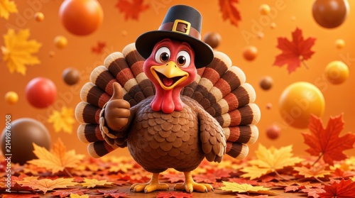 A cheerful cartoon turkey wearing a pilgrim hat gives a thumbs up amid floating autumn leaves and colorful spheres, symbolizing a festive Thanksgiving theme.