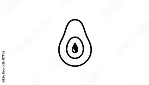 Minimalist black and white line art illustration of an avocado sliced in half with a pit shaped like a droplet.
