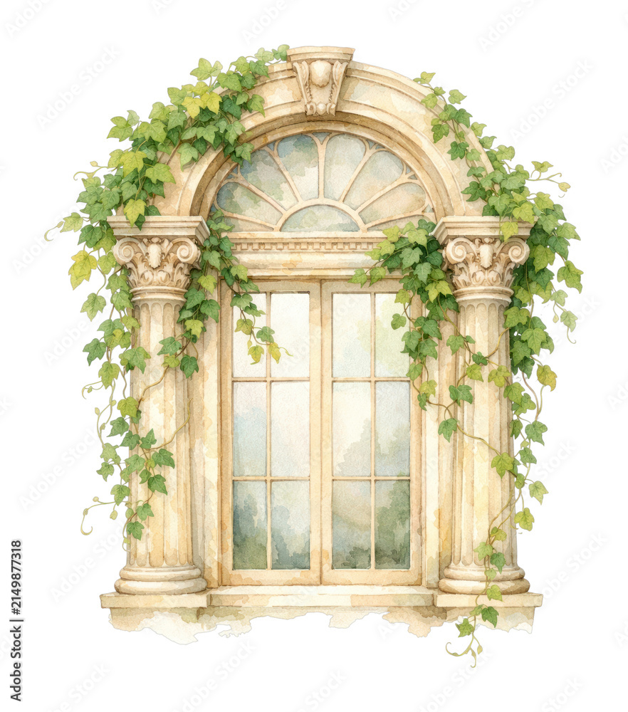 Fototapeta premium PNG Elegant window with ivy on classical architecture.