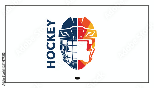 Creative hockey goalie mask graphic split in two colors, blue and warm orange geometric patterns, on white.