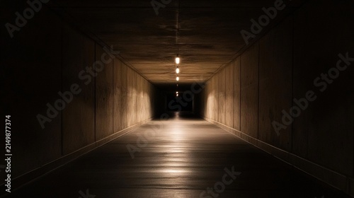 passageway. A long dark tunnel with rough concrete walls and a distant point of light. travel magazines, destination branding, designed for outdoor magazines and nature guides.