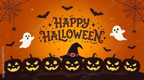 Happy halloween greeting card with pumpkins and ghosts