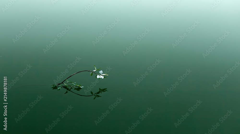 Naklejka premium Delicate branch with small leaves floats on still, emerald water, casting a reflection