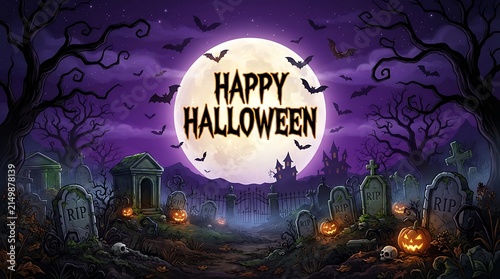 Happy halloween greeting card with spooky graveyard and full moon