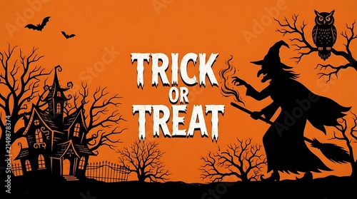 Halloween background with haunted house, witch, and owl silhouette