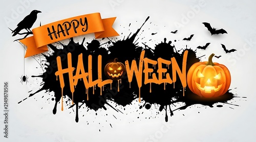 Happy halloween banner with orange text, pumpkins, and bats