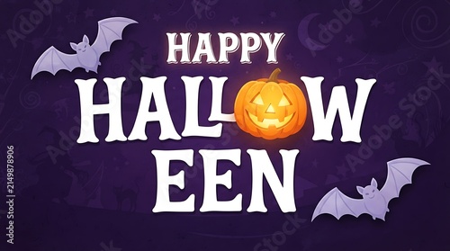 Happy halloween greeting card with pumpkin and bats