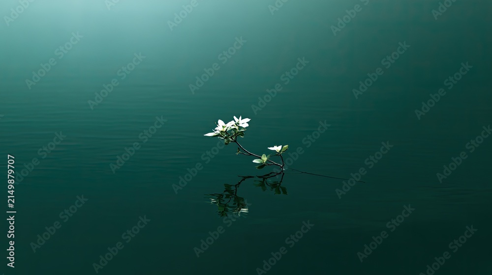 Naklejka premium Delicate white flower floats on tranquil, deep teal water, casting a reflection
